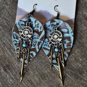 NWT Turquoise, Bronze Arrow Earrings With Shotgun Shell Genuine  Leather